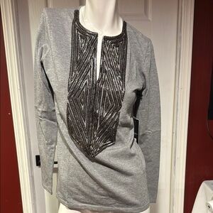 Gray Graphic Embellished Blouse with Bib Collar